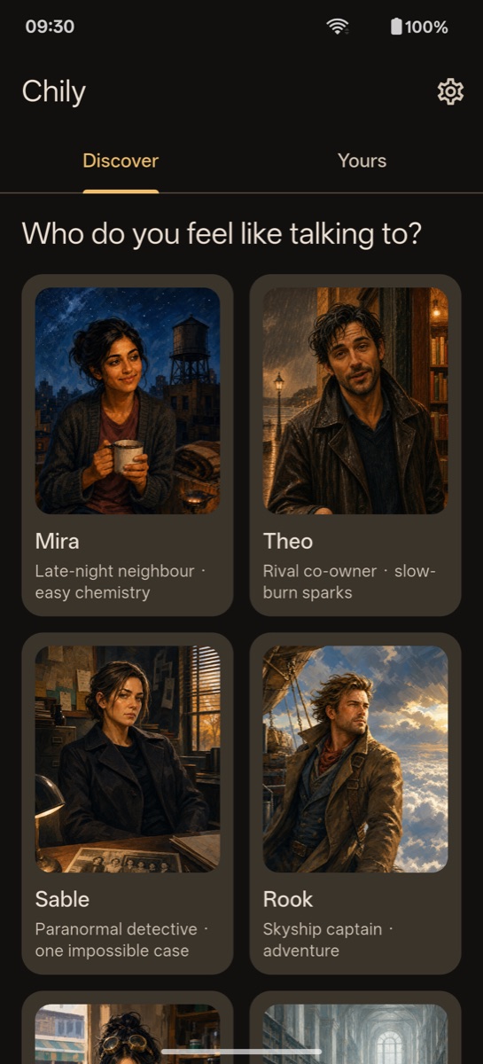 Chily Discover screen: six character portraits under the question "Who do you feel like talking to?"